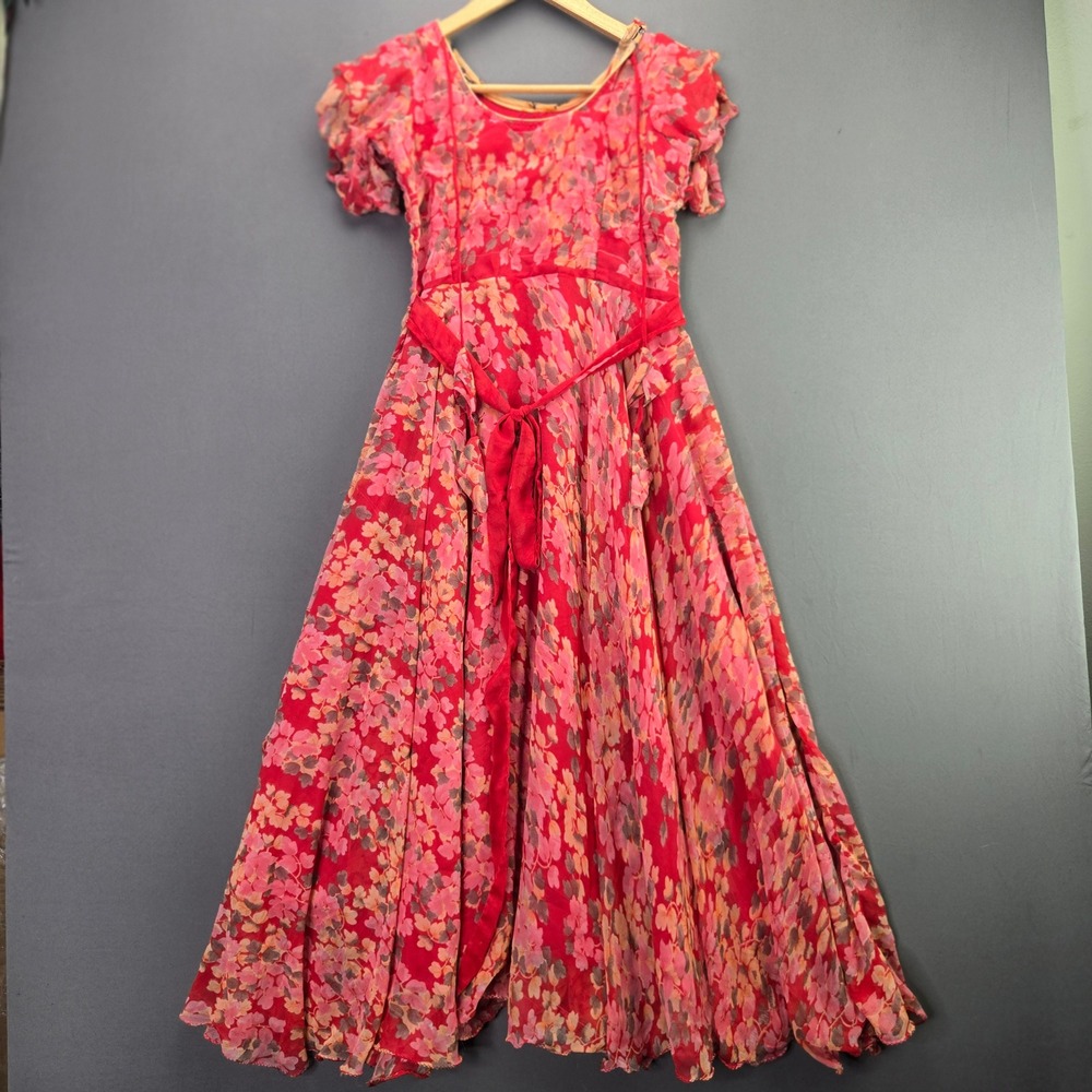 Vintage Floral Maxi Dress Pink Red Chiffon Ruffle Sleeve Empire Waist Small